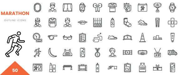Collection of marathon-themed outline icons depicting various aspects of running and fitness.