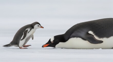 Naklejka premium Two penguins interacting on a snowy surface, one lying down and the other standing.