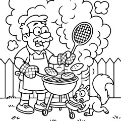 Backyard Barbecue Scene: A whimsical illustration depicts a jovial man tending a grill, while a curious squirrel eyes a nearby hotdog. A quintessential summer barbecue.