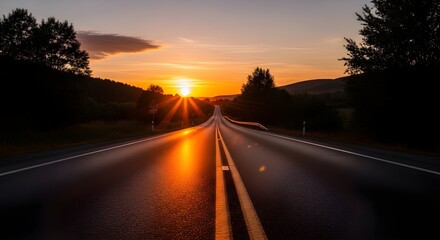 A breathtaking golden hour panorama over an open road, where the setting sun casts a radiant glow, inviting peaceful travel and reflection