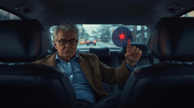 Senior man in backseat of car pointing at digital map interface with red star, showcasing navigation technology and urban environment