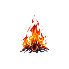 Realistic vibrant orange and yellow flames rising from glowing embers and dark charcoal isolated on transparent background