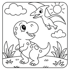 Cute Baby Dinosaur with Flying Pterodactyl – Coloring Page © ZANNATUL