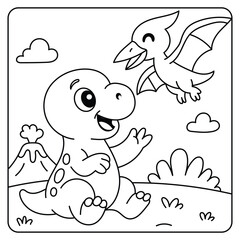 Cute Baby Dinosaur Playing with Pterodactyl – Coloring Page