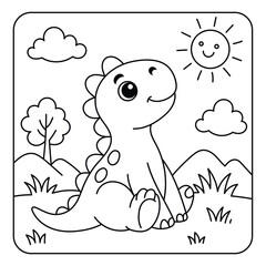 Cute Baby Dinosaur Sitting in Sunny Prehistoric Landscape – Coloring Page