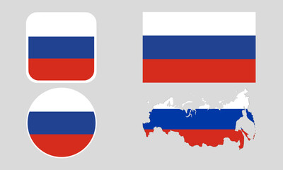 Russia Flag Icon Set in Square, Round, and Map Shapes. Clean Modern Collection. Perfect for use in apps, websites, presentations, infographics, educational materials, travel content.