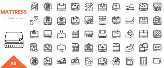 A collection of 50 outline icons representing various mattress-related concepts and accessories.