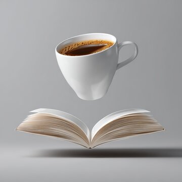 Floating White Coffee Cup Over Open Book on Light Gray Background - Minimalist Lifestyle Visual for Cafe Branding, Reading Content, and Social Media