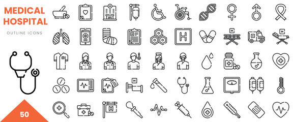 A collection of hospital-themed outline icons, featuring various medical symbols and equipment.