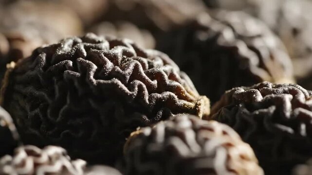 Close Up Macro View Of Dried Morel Mushrooms With Intricate Textures And Natural Earthy Tones Creating An Abstract Organic Pattern Detailed