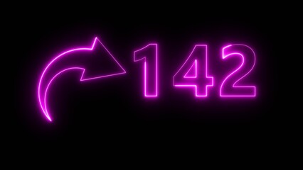 Counting neon 142 number illustration. Neon text number on black background.  Neon count number.