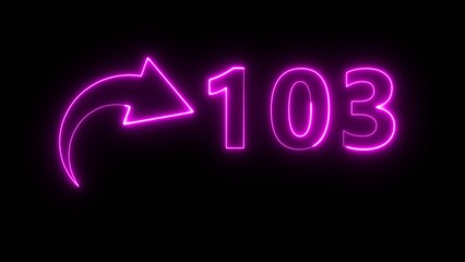 Counting neon 103 number illustration. Neon text number on black background.  Neon count number.
