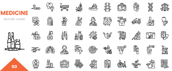 Collection of medical outline icons representing various healthcare elements and tools.