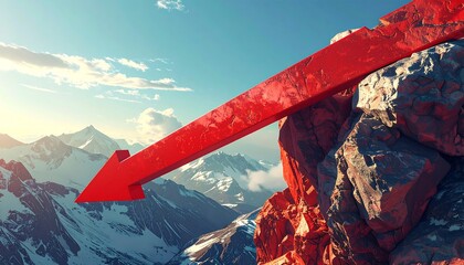 Red arrow symbol pointing downwards over snow-capped mountains and rocky terrain