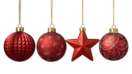 Red Christmas decoration balls and star isolated on empty transparent background. Christmas holiday ornament, bauble. New Year and Merry Christmas.
