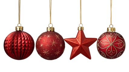 Red Christmas decoration balls and star isolated on empty transparent background. Christmas holiday ornament, bauble. New Year and Merry Christmas.