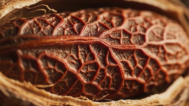 Close-up of a Nutmeg Seed with Intricate Textured Rind and Rich Warm Lighting Showcasing Natural Detail