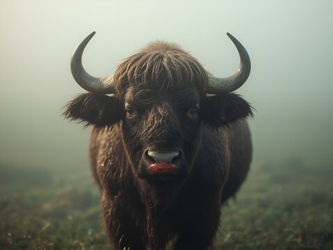 Ultra-realistic buffalo in a misty dawn meadow, dew-lit fur and elegant horns, with a surreal touch of red lipstick. Soft fog and dreamy bokeh create a calm, cinematic wildlife mood.