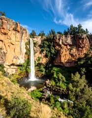 Scenic shot of tall waterfall cascading from layered cliff face into a pool, bright sunny day
