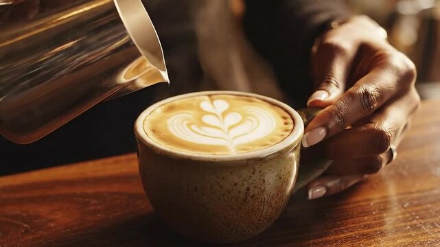 Close up of skilled barista pouring steamed milk into espresso creating intricate latte art heart and floral patterns in a rustic mug on a wooden