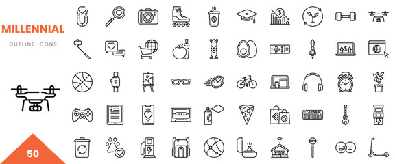 Fototapeta premium Collection of minimalist icons representing millennial interests and lifestyle choices.