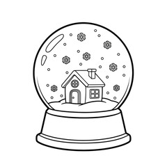 A simple line art illustration of a snow globe with a house and snowflakes inside for coloring.