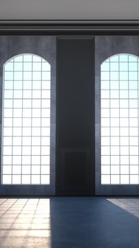 Spacious interior with tall arched windows letting daylight through large glass panels onto empty floor