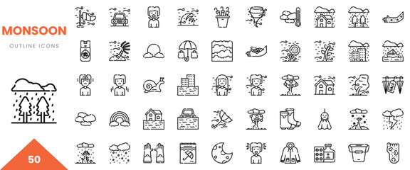 Various line icons illustrating monsoon elements and activities. © Kupict