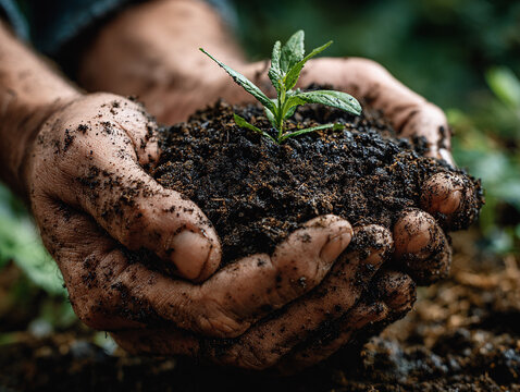Hands Holding Soil with Sprout for Earth Day - Powered by Adobe