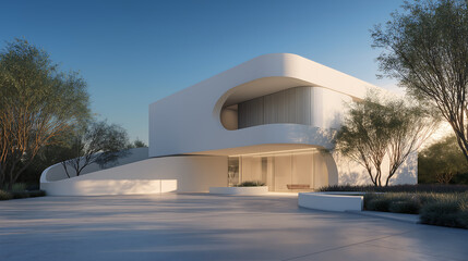 Cloud Dancer A sleek modern house a unique curved design stands under a clear blue sky Colour of the Year 2026
