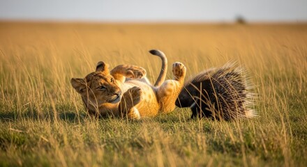 Two lionesses playfully interacting in a sun-drenched savannah with tall grass.