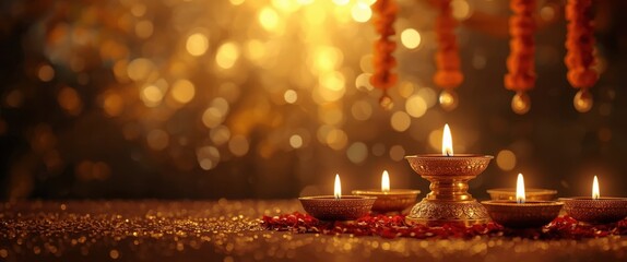 Beautifully arranged traditional oil lamps glowing brightly on a festive table, surrounded by vibrant decorations for Diwali celebration atmosphere