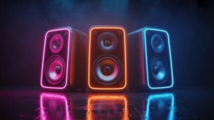 Chromatic Symphony: Three speakers pulse with vibrant colors, forming a visual concert of sound against a dark and sleek backdrop.