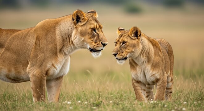 Two lionesses standing face-to-face in a grassy savannah with warm, golden tones and a shallow - Powered by Adobe