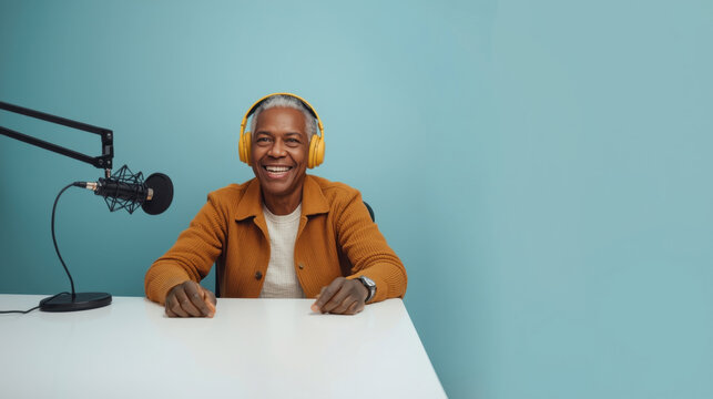 Senior African American man wearing yellow headphones is smiling at the camera while sitting at a table with a microphone and colorful background, showcasing a podcasting setup - Powered by Adobe