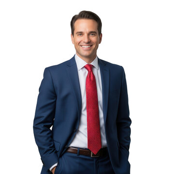 Smiling businessman in a blue suit and red tie with hands in pockets isolated on transparent background