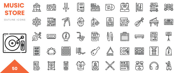 A diverse collection of music-themed outline icons in a minimalist style for various applications.