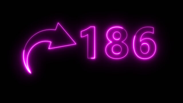 Neon business counter number. Neon count number 186 on black background. Neon count number.