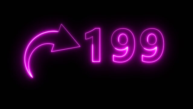 Neon business counter number. Neon count number 199 on black background. Neon count number.