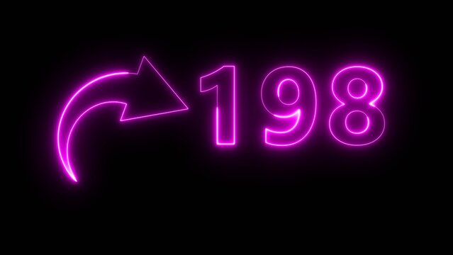 Neon business counter number. Neon count number 198 on black background. Neon count number.
