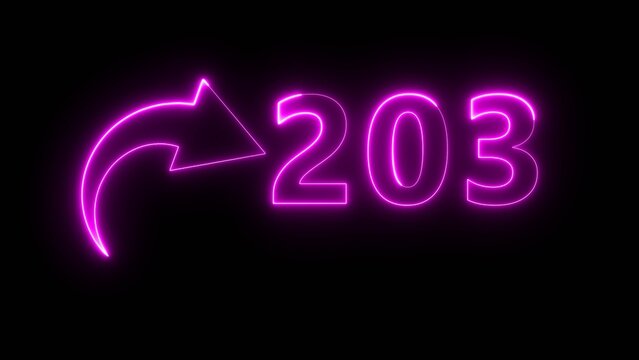 Neon business counter number. Neon count number 203 on black background. Neon count number.