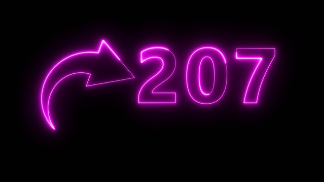 Neon business counter number. Neon count number 207 on black background. Neon count number.