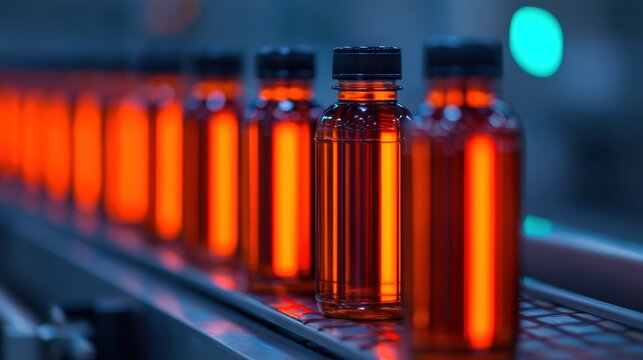 A series of amber bottles lined up on a conveyor belt, illuminated by an orange glow, creating a striking visual effect in a manufacturing setting.