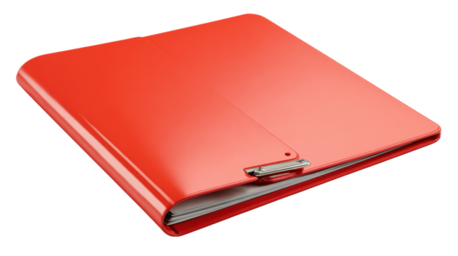 Red clipboard ring binder with documents on transparent background, organizing reports and office paperwork - Powered by Adobe