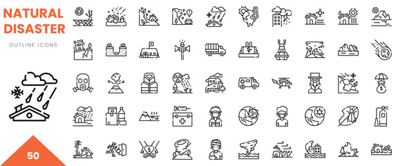 Stylized icons representing various natural disasters including floods, earthquakes, and hurricanes.