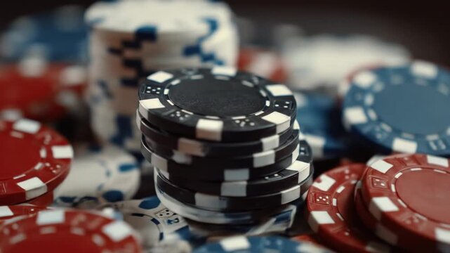 Close-up of stacked and scattered poker chips in red, blue, black, with moody blurred backdrop dark