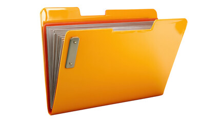 Orange file folder holding documents, organizing business paperwork, archiving information and digital data management icon
