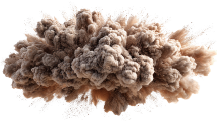 Dust explosion blast expanding brown ground particles forming a cloudy impact effect with a transparent background