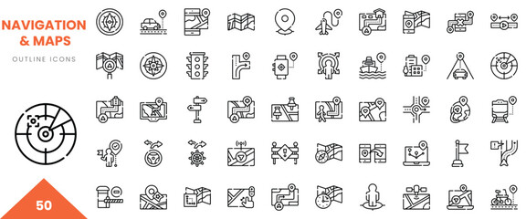 A collection of 50 navigation and map outline icons in a minimalist black-and-white design.