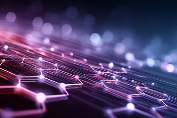 Glowing hexagonal network structure with pink and purple light on a dark bokeh background.